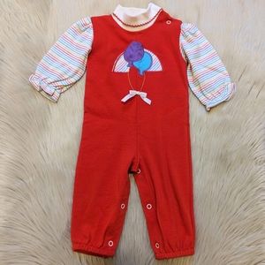 Vintage Health-Tex red one piece with rainbow sleeves and balloons size 12 M